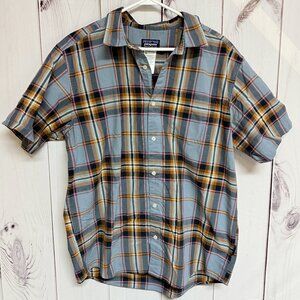 Patagonia Mens Fezzman Shirt Large Blue Brown Gray Plaid Button Up EUC